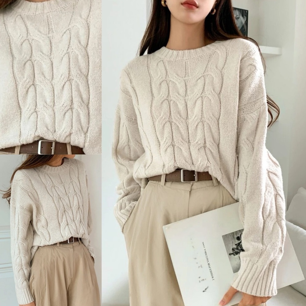 DAZY Solid Cable Knit Drop Shoulder Sweater